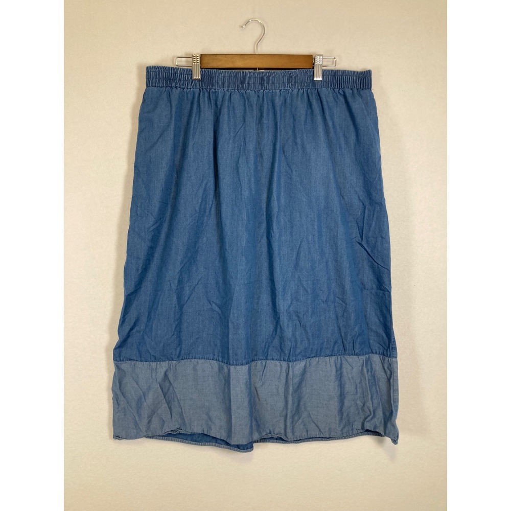 Coastal Casual Ruby Rd Woman 16W Blue Chambray Elastic Waist Midi Skirt Pockets